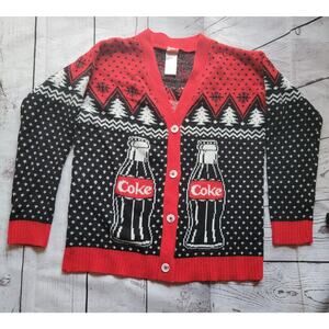 Coca Cola ugly Christmas sweater size Small men’s V neck cardigan black and red
